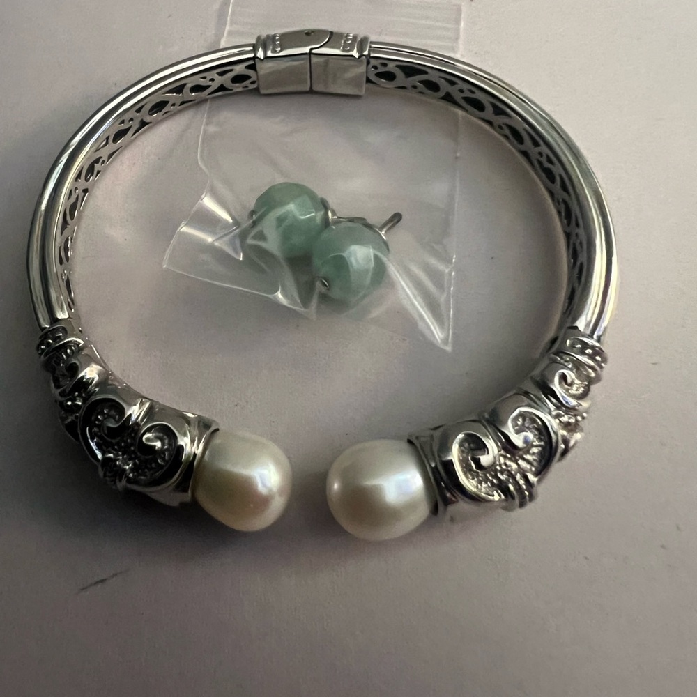 HSN Stainless Steel Hinged Cuff Bracelet with Changeable Pearl & Glass Ends